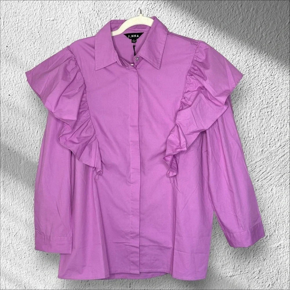 New J. NNA Lavender Ruffled Button Down Blouse Size Large Fairy Classic Workwear - Picture 1 of 10